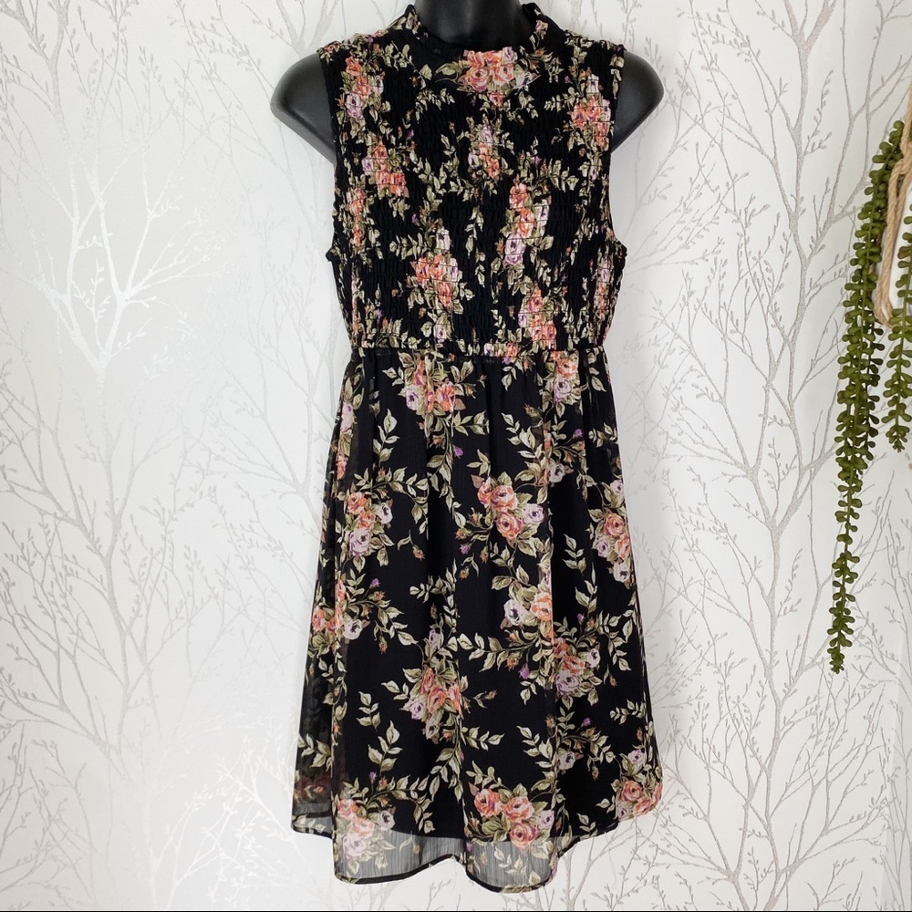 AS U WISH Black Floral Mock neckline Mini Dress L